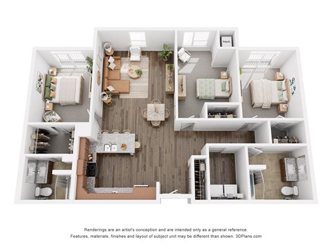 Floor plan for 3 beds, 2 baths, 1427 sqft